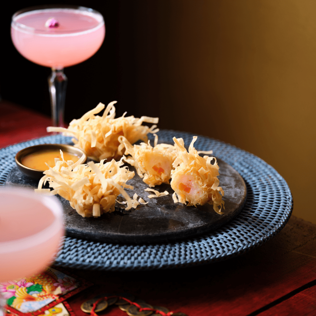 Lychee and Roses Martini Signature Cocktail and Crispy Prawn Ball Dim Sum